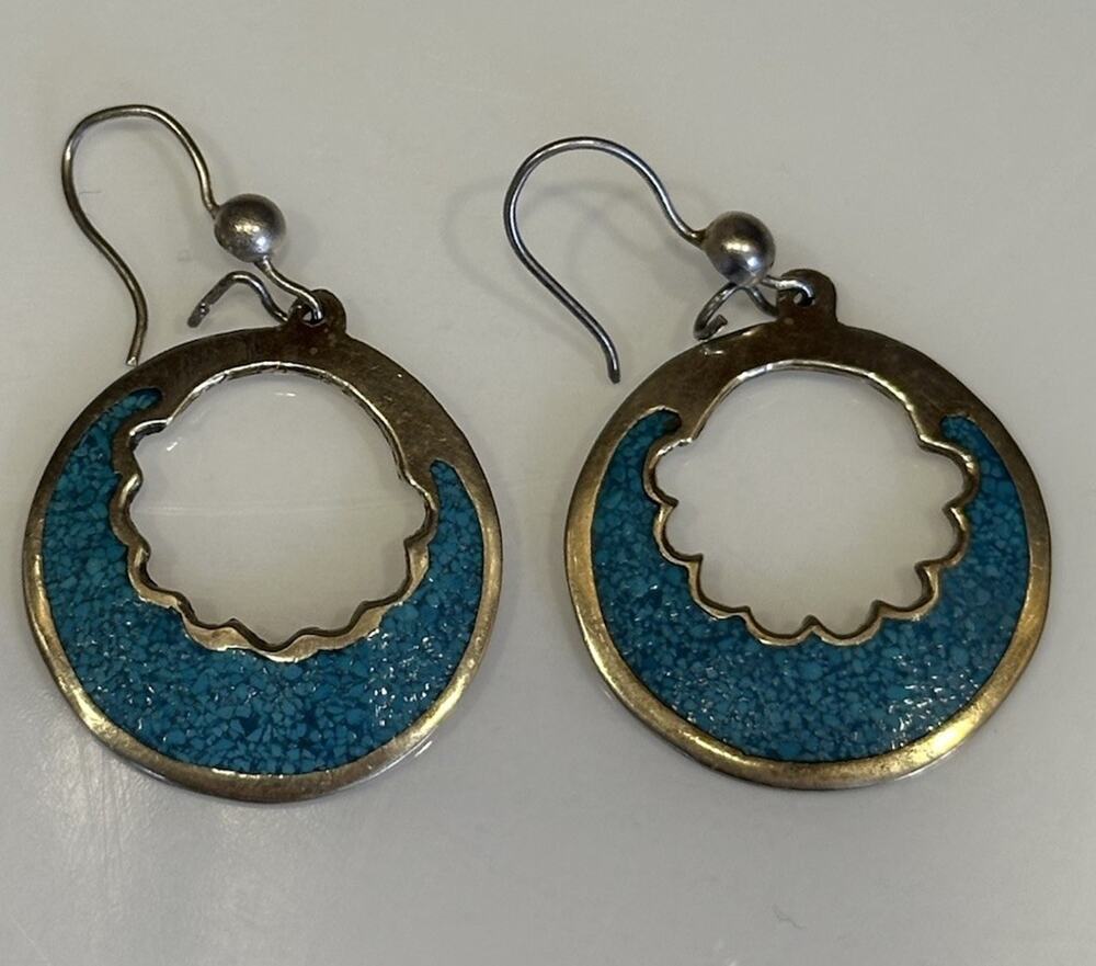 Vintage Alpaca Mexico Earrings Turquoise Chip Inlay~ Round Dangle~Western Aztec